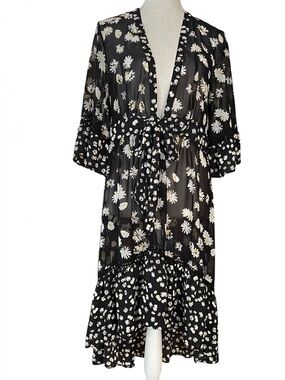 Cabi Daisy Wrap Kimono #5816 Sheer Black Floral High-Low Duster
